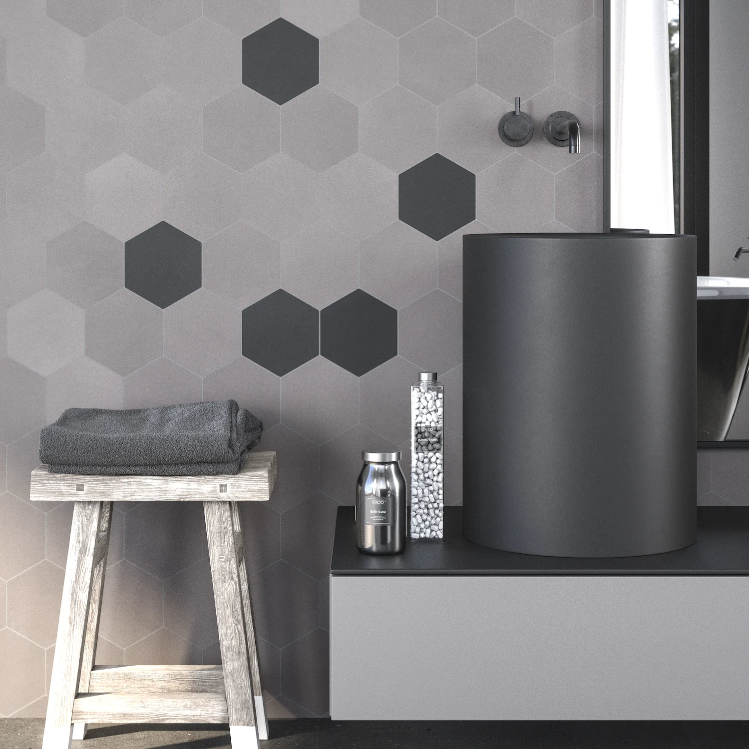 Carrelage mural effet mosaïque Mur de salle de bain revêtu de carreaux hexagonaux effet mosaïque de couleur beige nude, suivant les dernières tendances du design d'intérieur minimaliste