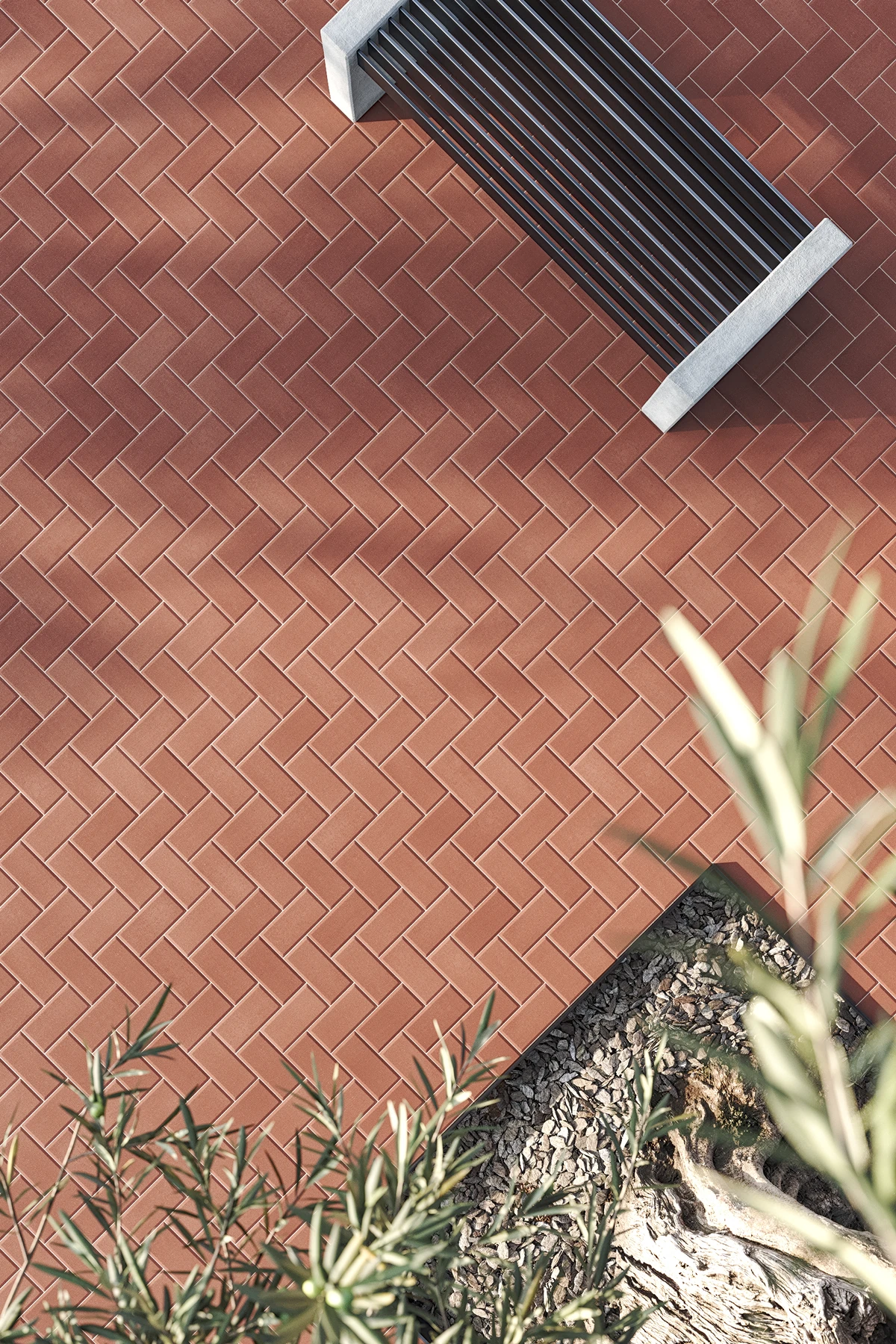 Jardin fait avec des pavés de couleur terracotta