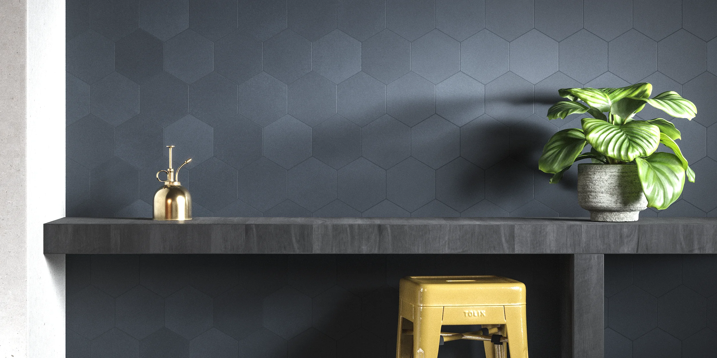 Carrelages hexagonaux cuisine Crédence de cuisine décorée de carreaux hexagonaux bleu cobalt effet mosaïque à l'esthétique industrielle et urbaine