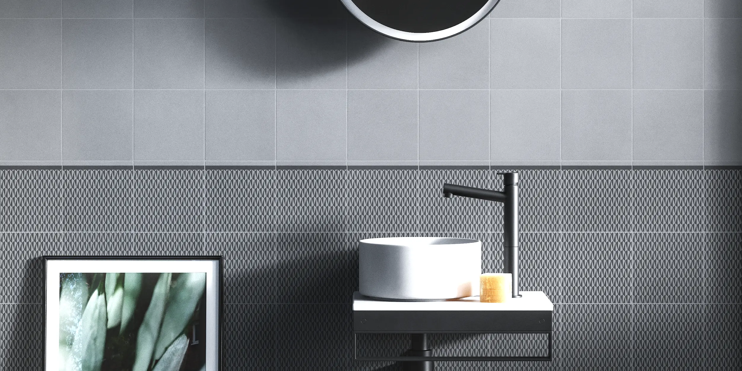 Carrelages mat Ambiance de salle de bain avec revêtement mural en carreaux gris naturel mat