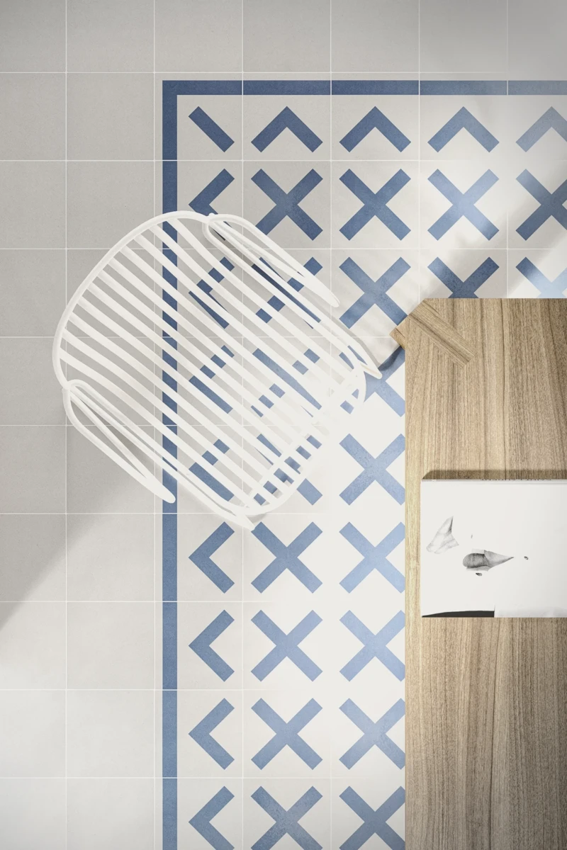 Sol de cuisine avec revêtement de sol intérieur géométrique en couleurs blanc et bleu