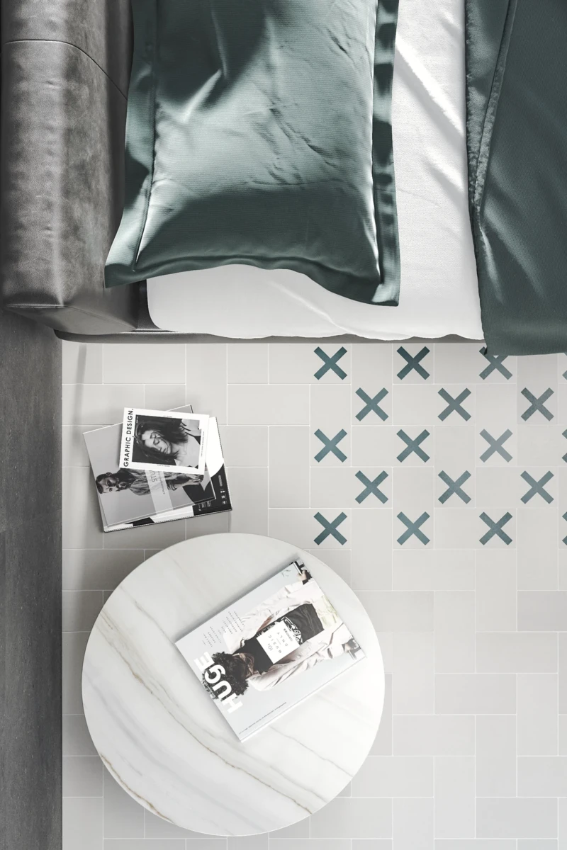 Revêtement de sol intérieur en ciment blanc avec un design géométrique en couleur verte