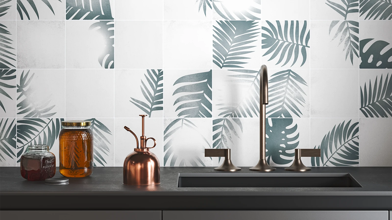 Mur de cuisine fait avec des carrelages de ciment