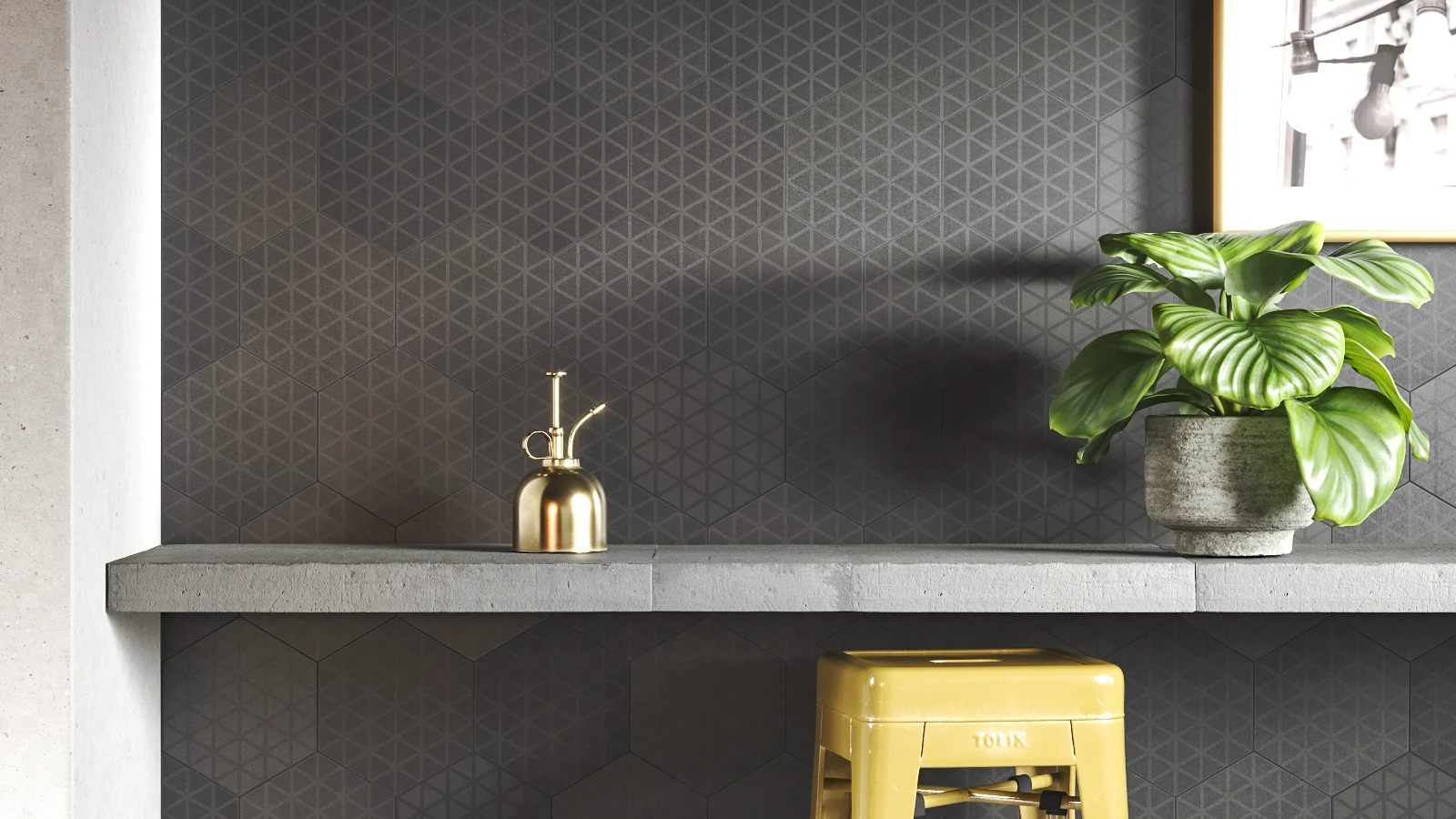 Mur de cuisine fait de carrelages hexagonaux