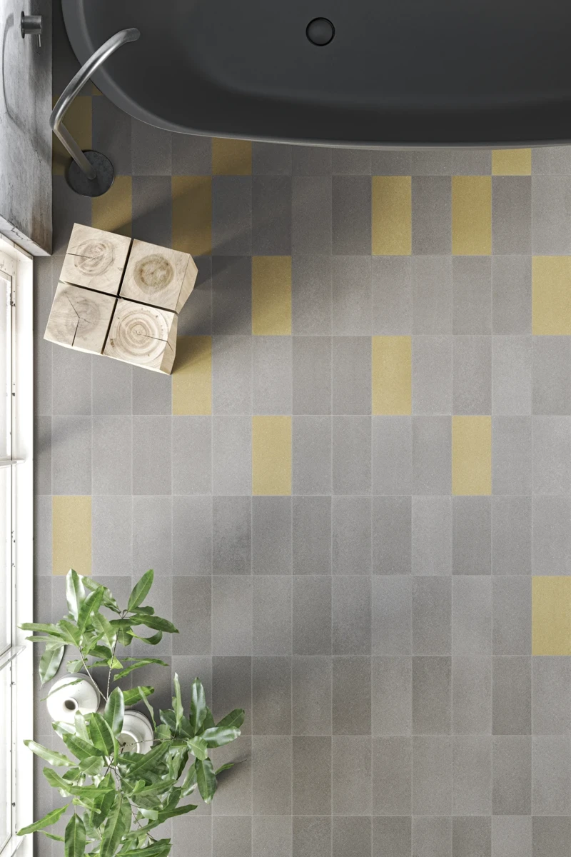 Sol en carreaux de ciment gris et jaune