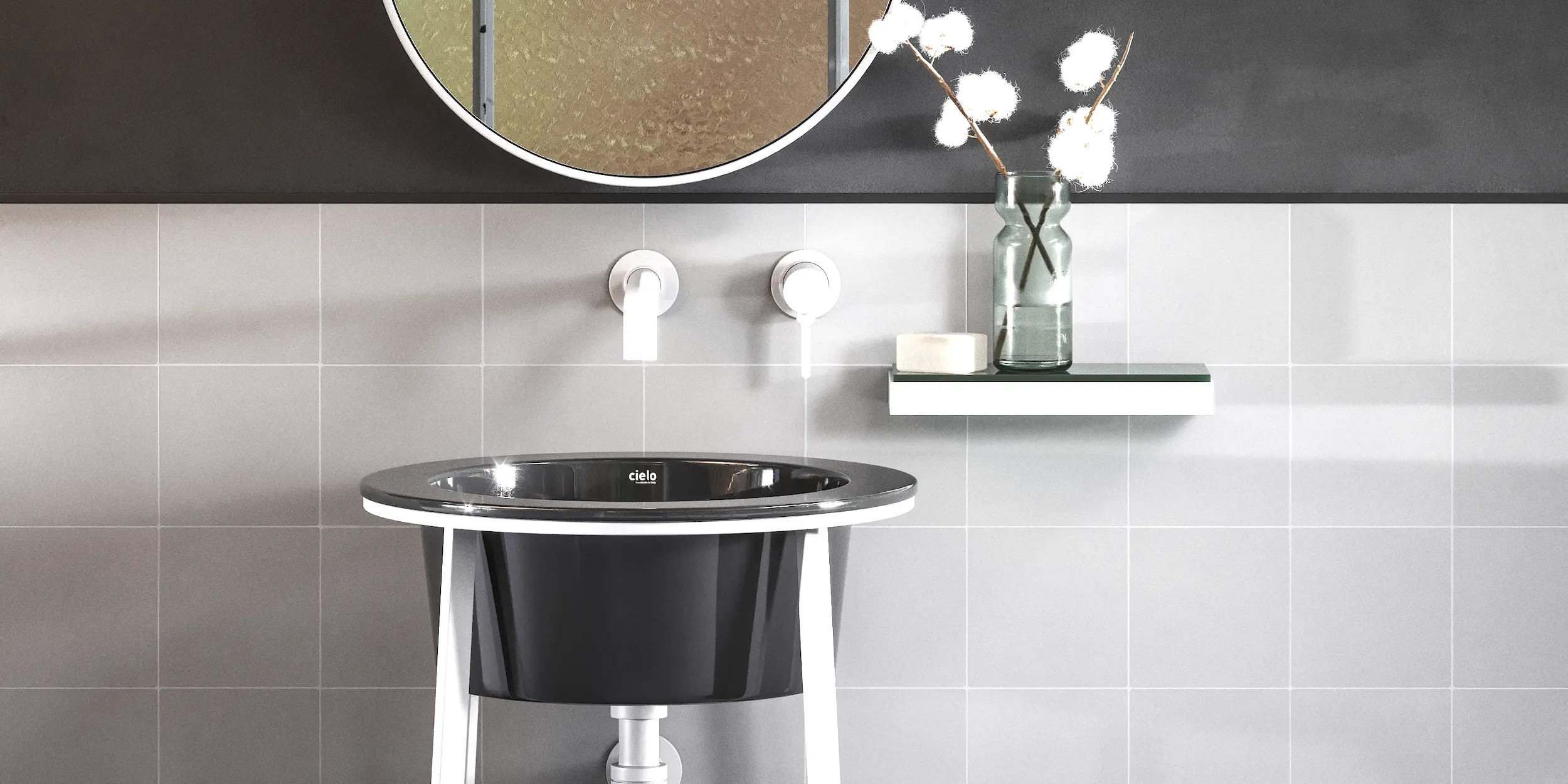 Mur salle bain ciment blanc naturel Mur salle bain avec carreaux ciment blanc aspect naturel mi-hauteur