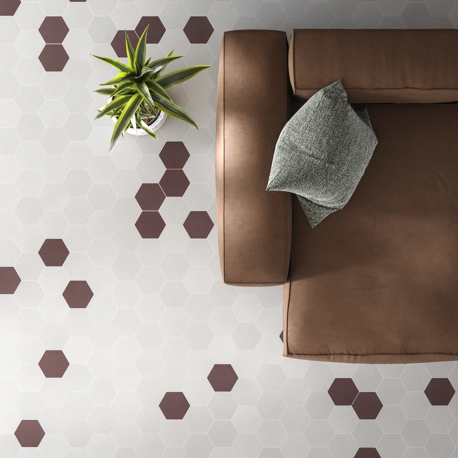 Sol hexagonal effet mosaïque Sol effet mosaïque avec des carreaux hexagonaux finition ciment de couleurs blanc et rouge terracotta avec un design moderne