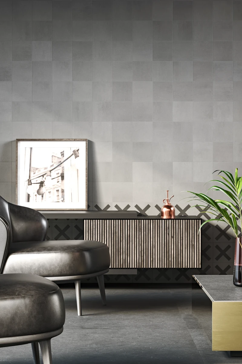 Mur de salon réalisé avec des carreaux de ciment